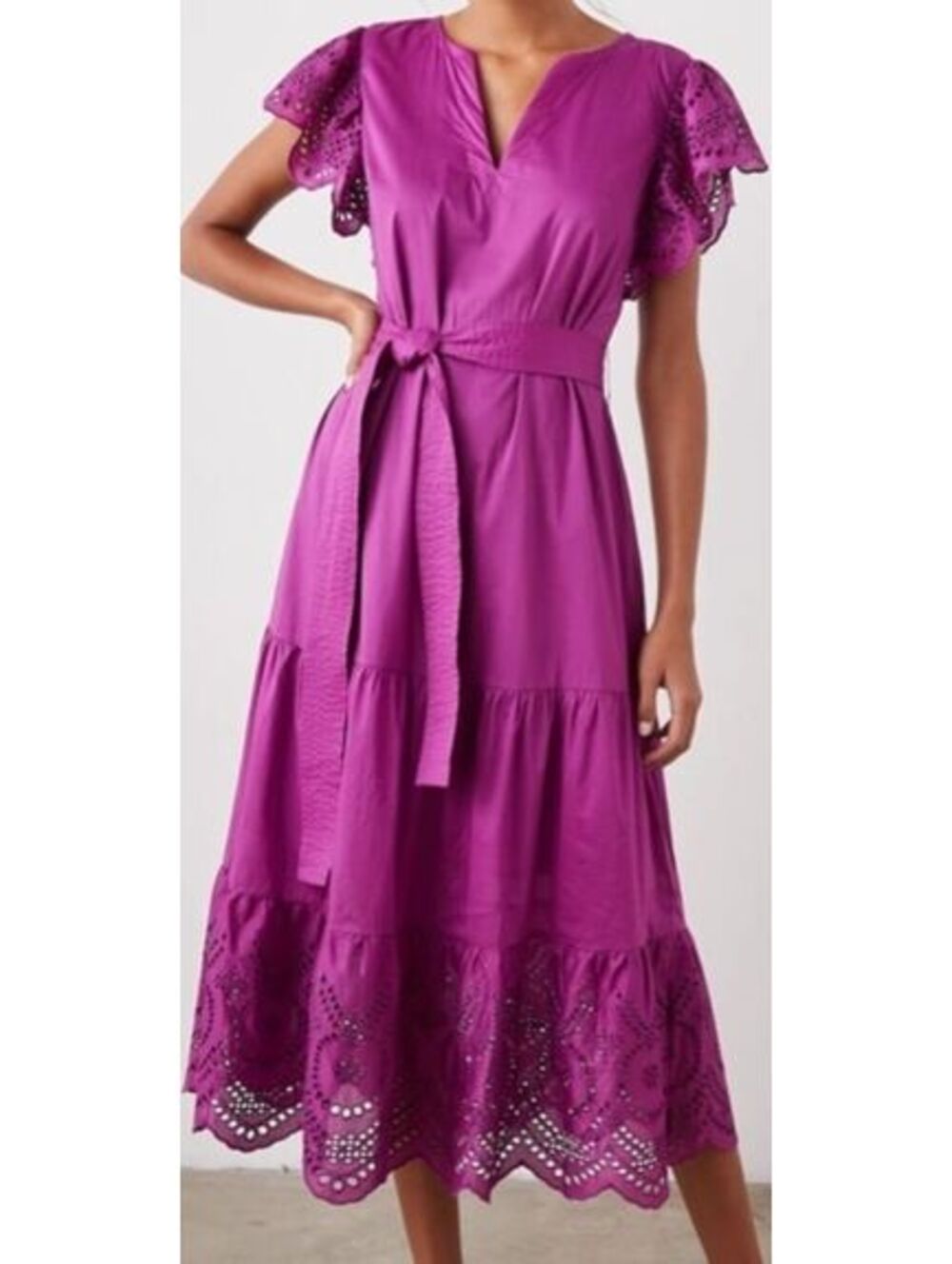 Rails Gia Berry Eyelet Embroidered Cotton Midi Dress XS Flutter Sleeve Belted